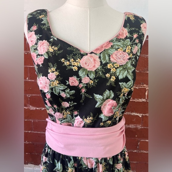 Vintage Lanz 80’s Black and Pink Floral Midi Dress Sleeveless Cottagecore - Picture 10 of 16